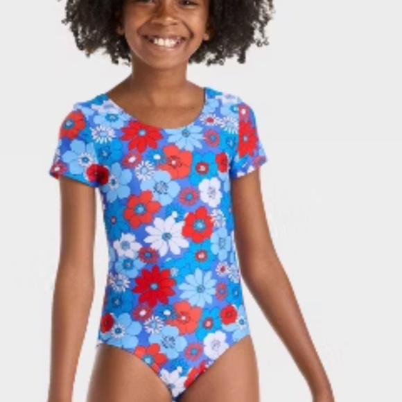 Cat & Jack Girls Swimsuit 10 12 NEW Short Sleeve Bow Back Red White Blue Flowers - Picture 1 of 14